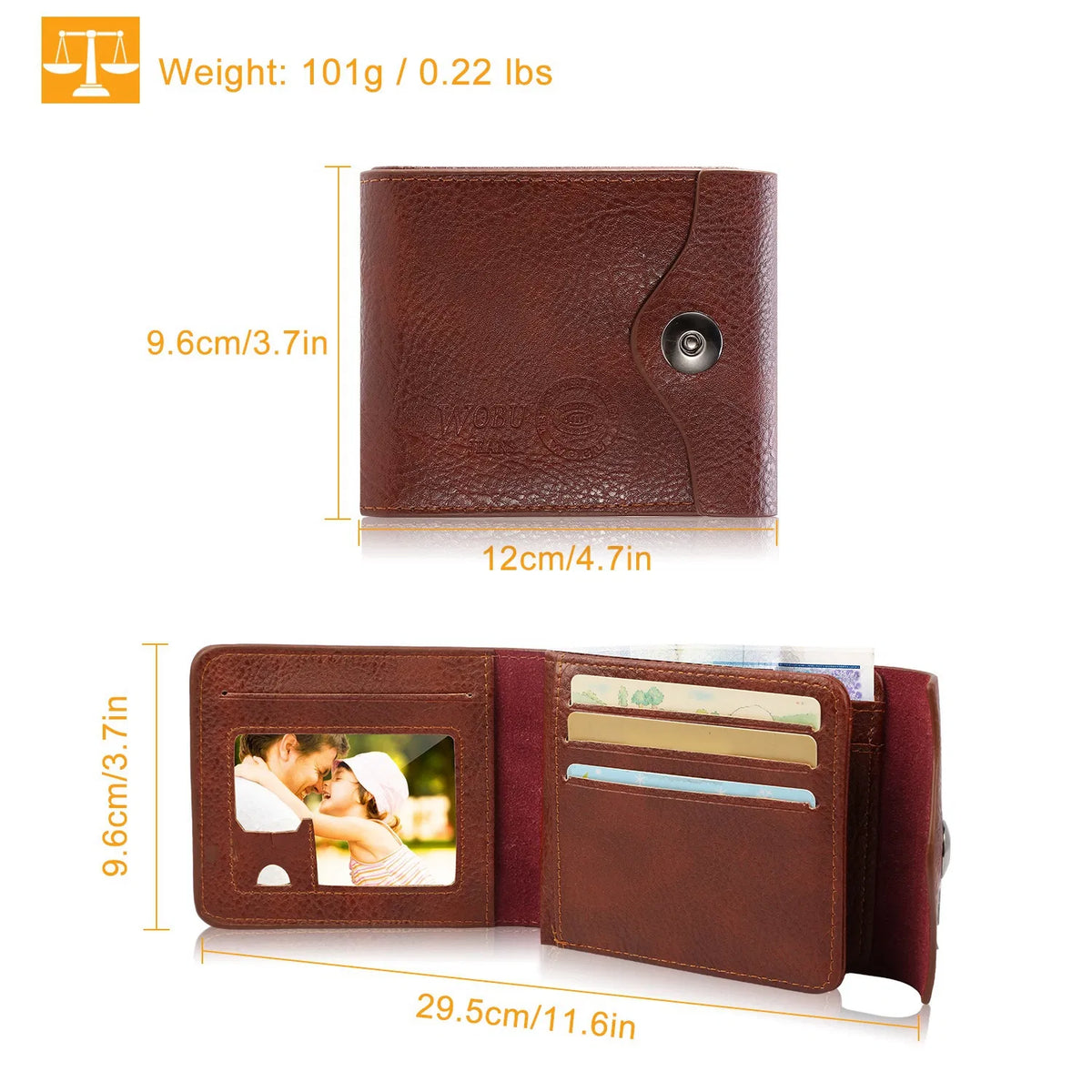 Men’s Slim Bifold RFID‑Blocking Wallet, PU Leather Wallet with 2 ID Windows, Coin Pocket and Multiple Card Slots, Brown