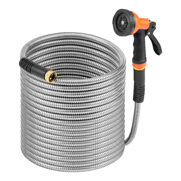 75FT Rustproof Stainless Steel Metal Garden Hose, Flexible No-Kink Water Hose with 8-Function Spray Nozzle for Yard Outdoor