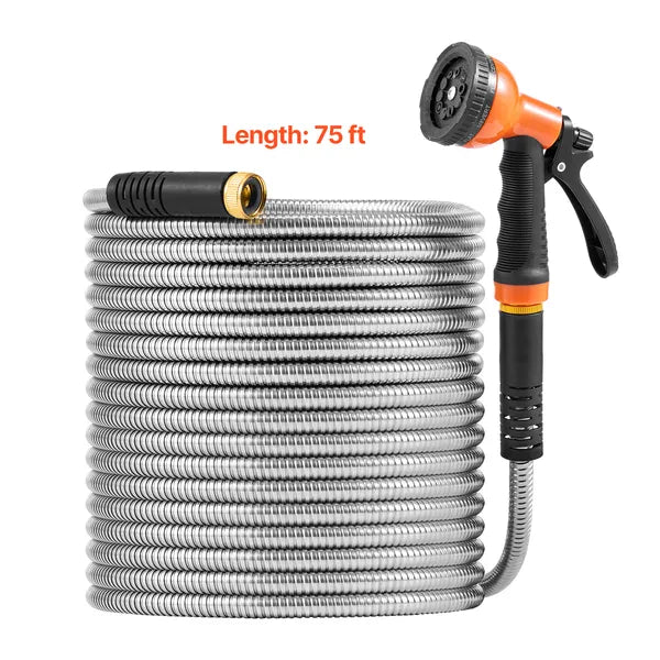 75FT Rustproof Stainless Steel Metal Garden Hose, Flexible No-Kink Water Hose with 8-Function Spray Nozzle for Yard Outdoor