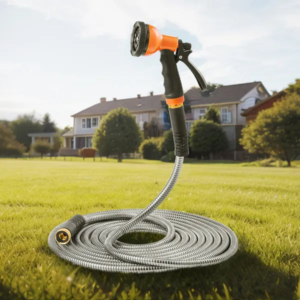75FT Rustproof Stainless Steel Metal Garden Hose, Flexible No-Kink Water Hose with 8-Function Spray Nozzle for Yard Outdoor