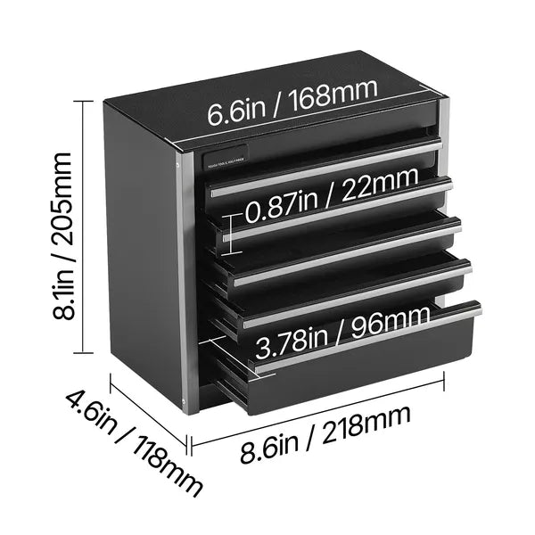Aeelleea 8.6 Inch Metal Tool Box, Portable 5 Drawers Small Tool Chest with EVA Liners, Heavy-Duty Steel Tool Storage Box Black
