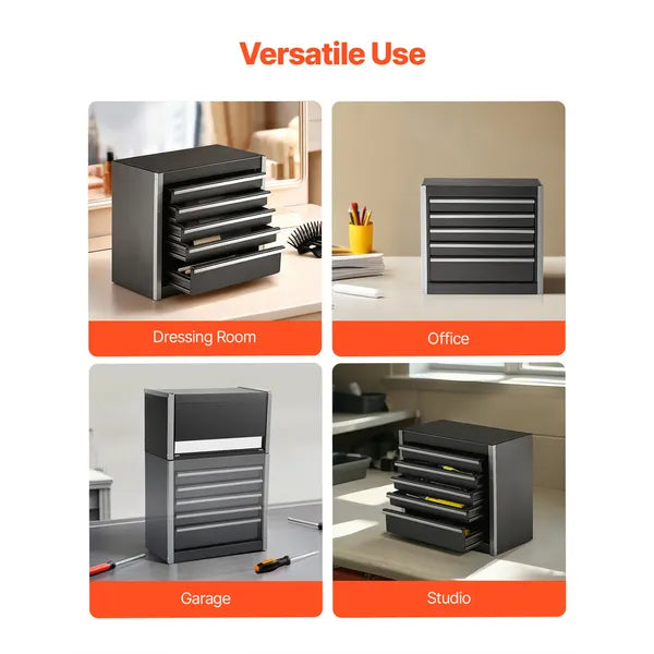 Aeelleea 8.6 Inch Metal Tool Box, Portable 5 Drawers Small Tool Chest with EVA Liners, Heavy-Duty Steel Tool Storage Box Black