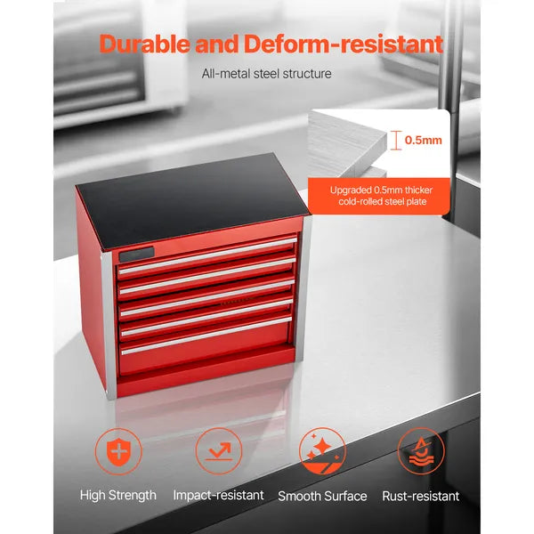 Aeelleea 8.6 Inch Red Metal Tool Box, Portable 5 Drawers Small Tool Chest with EVA Liners, Heavy-Duty Steel Tool Storage Box