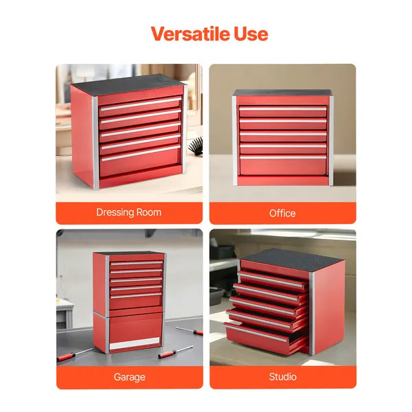 Aeelleea 8.6 Inch Red Metal Tool Box, Portable 5 Drawers Small Tool Chest with EVA Liners, Heavy-Duty Steel Tool Storage Box