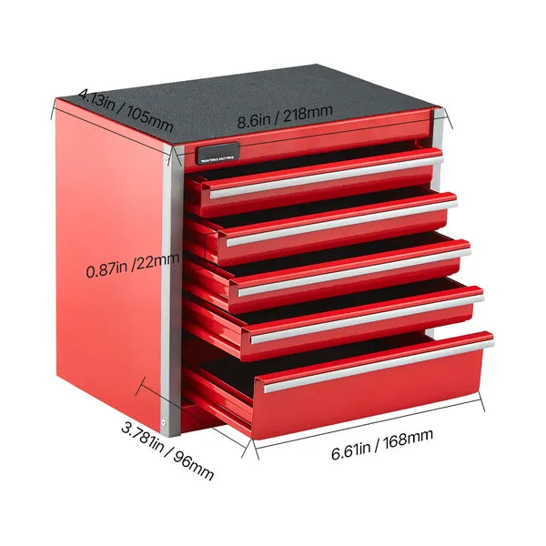 Aeelleea 8.6 Inch Red Metal Tool Box, Portable 5 Drawers Small Tool Chest with EVA Liners, Heavy-Duty Steel Tool Storage Box