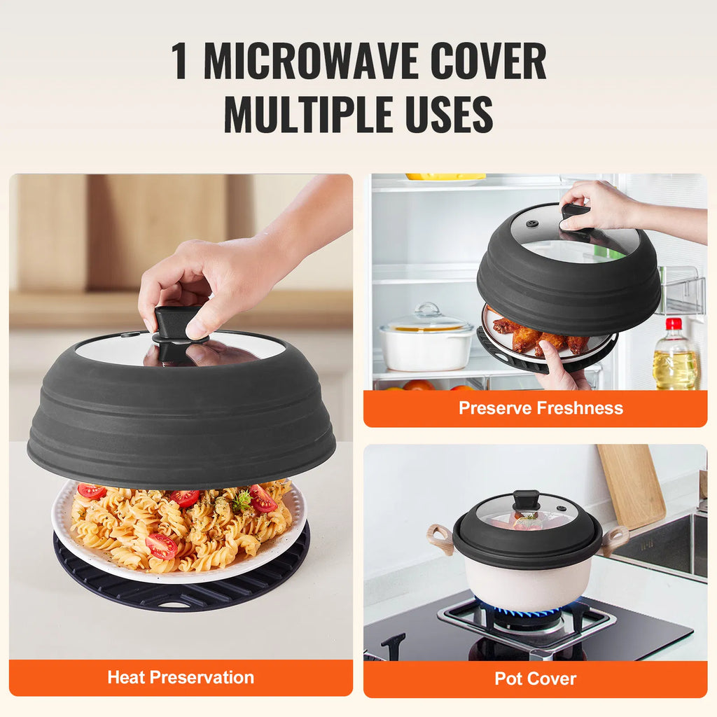 10.8" Collapsible Microwave Splatter Cover & Mat, 500°F Heat-Resistant Silicone & Tempered Glass Lid for Food, Dishwasher Safe