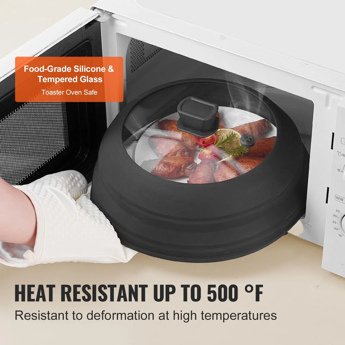 10.8" Collapsible Microwave Splatter Cover & Mat, 500°F Heat-Resistant Silicone & Tempered Glass Lid for Food, Dishwasher Safe