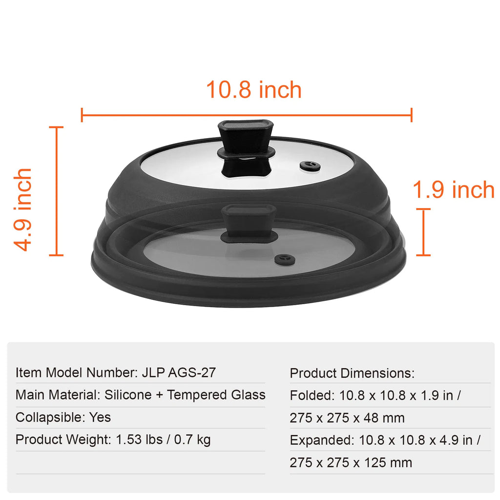 10.8" Collapsible Microwave Splatter Cover & Mat, 500°F Heat-Resistant Silicone & Tempered Glass Lid for Food, Dishwasher Safe