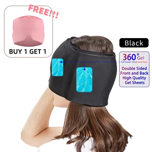 Reusable Hot & Cold Gel Head Wrap, 360° Cooling Cap for Head and Eyes, Stretchable Compression Therapy Mask, Black