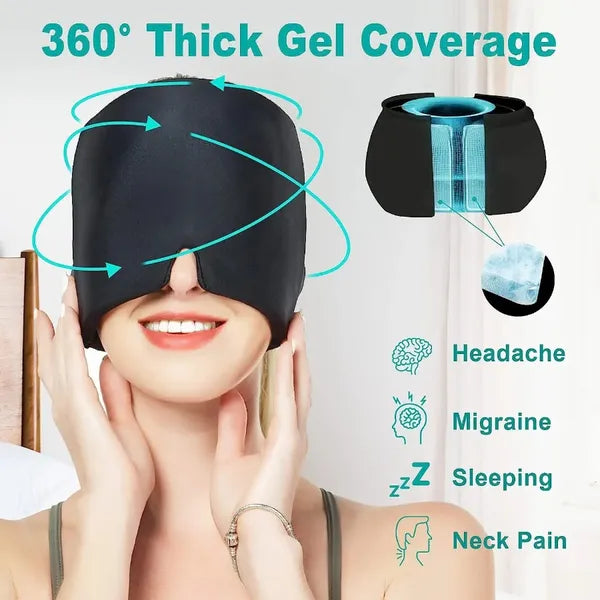 Reusable Hot & Cold Gel Head Wrap, 360° Cooling Cap for Head and Eyes, Stretchable Compression Therapy Mask, Black