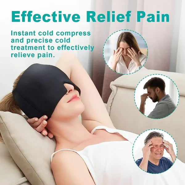 Reusable Hot & Cold Gel Head Wrap, 360° Cooling Cap for Head and Eyes, Stretchable Compression Therapy Mask, Black