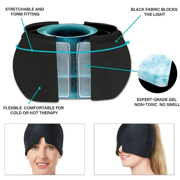 Reusable Hot & Cold Gel Head Wrap, 360° Cooling Cap for Head and Eyes, Stretchable Compression Therapy Mask, Black