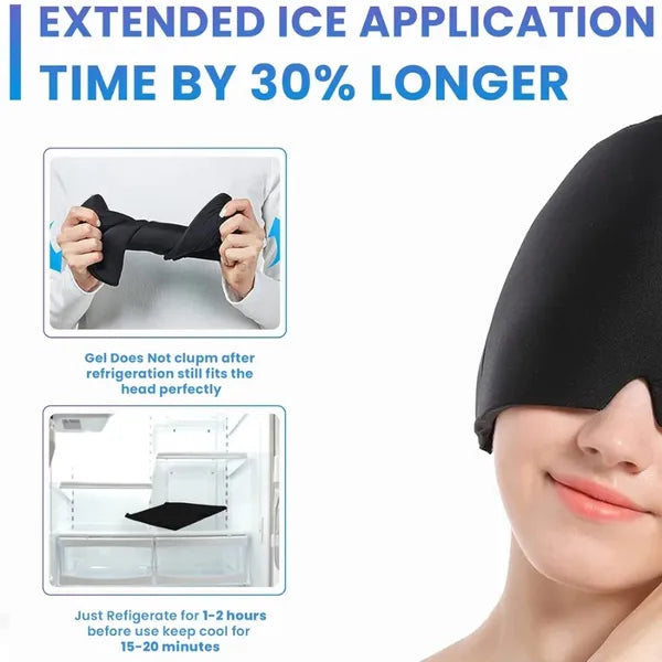 Reusable Hot & Cold Gel Head Wrap, 360° Cooling Cap for Head and Eyes, Stretchable Compression Therapy Mask, Black