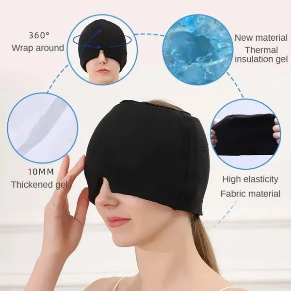 Reusable Hot & Cold Gel Head Wrap, 360° Cooling Cap for Head and Eyes, Stretchable Compression Therapy Mask, Black