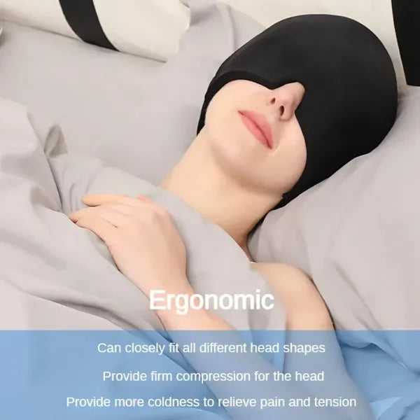 Reusable Hot & Cold Gel Head Wrap, 360° Cooling Cap for Head and Eyes, Stretchable Compression Therapy Mask, Black