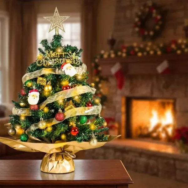 AEELLEEA-60cm Tabletop Mini Christmas Tree Set, Pre-Assembled Desktop Xmas Decor with Ornaments, Star Topper