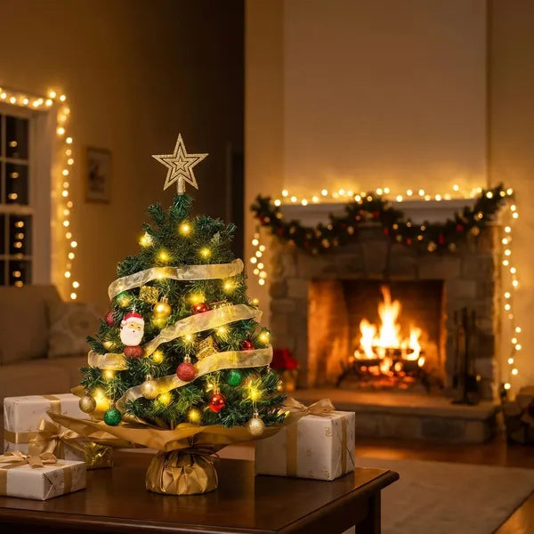 AEELLEEA-60cm Tabletop Mini Christmas Tree Set, Pre-Assembled Desktop Xmas Decor with Ornaments, Star Topper