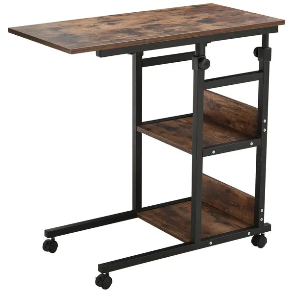 Aeelleea Adjustable Height C-Shaped Mobile Side Table, 80×40cm Rolling Sofa End Table with 3-Tier Storage Shelves & Wheels, Rustic Brown  >