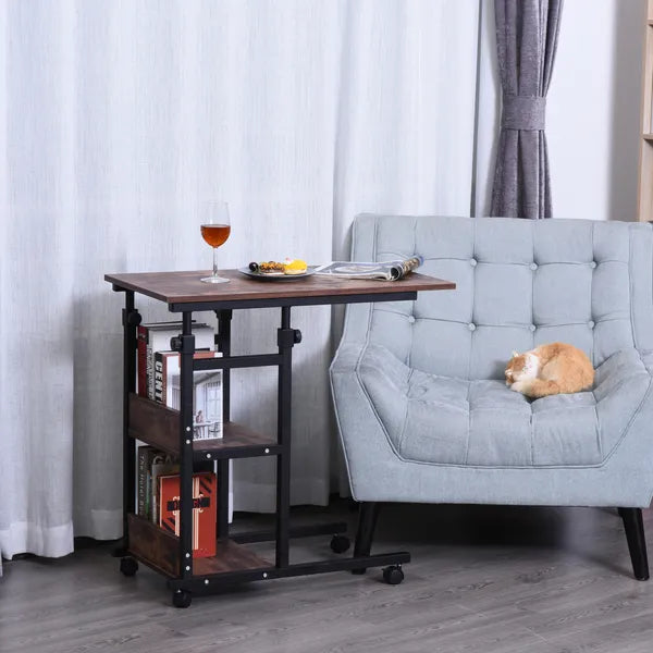Aeelleea Adjustable Height C-Shaped Mobile Side Table, 80×40cm Rolling Sofa End Table with 3-Tier Storage Shelves & Wheels, Rustic Brown  >