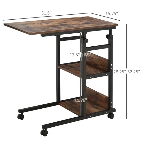 Aeelleea Adjustable Height C-Shaped Mobile Side Table, 80×40cm Rolling Sofa End Table with 3-Tier Storage Shelves & Wheels, Rustic Brown  >