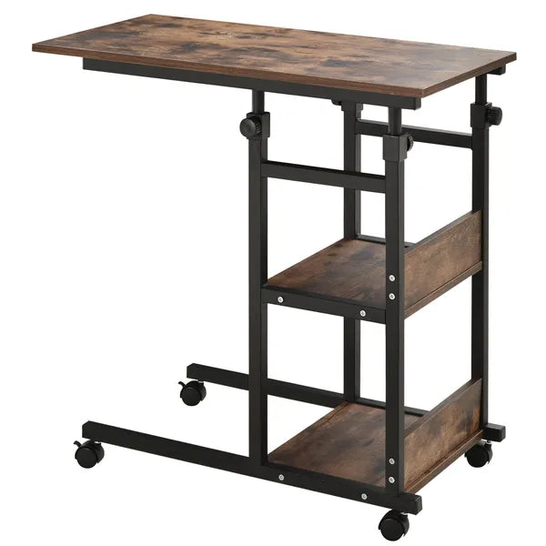 Aeelleea Adjustable Height C-Shaped Mobile Side Table, 80×40cm Rolling Sofa End Table with 3-Tier Storage Shelves & Wheels, Rustic Brown  >