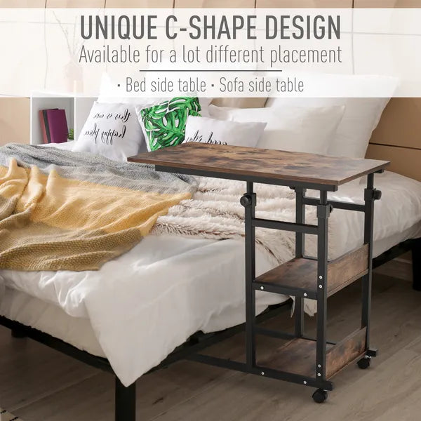 Aeelleea Adjustable Height C-Shaped Mobile Side Table, 80×40cm Rolling Sofa End Table with 3-Tier Storage Shelves & Wheels, Rustic Brown  >