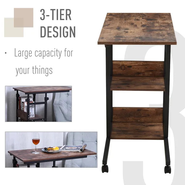 Aeelleea Adjustable Height C-Shaped Mobile Side Table, 80×40cm Rolling Sofa End Table with 3-Tier Storage Shelves & Wheels, Rustic Brown  >