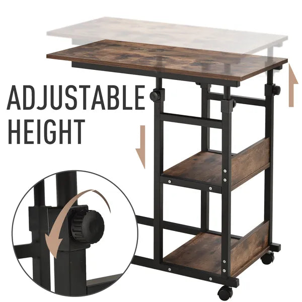 Aeelleea Adjustable Height C-Shaped Mobile Side Table, 80×40cm Rolling Sofa End Table with 3-Tier Storage Shelves & Wheels, Rustic Brown  >