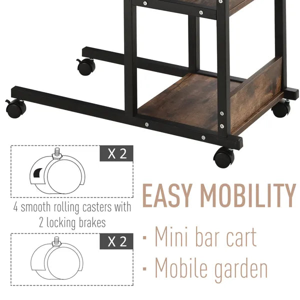 Aeelleea Adjustable Height C-Shaped Mobile Side Table, 80×40cm Rolling Sofa End Table with 3-Tier Storage Shelves & Wheels, Rustic Brown  >