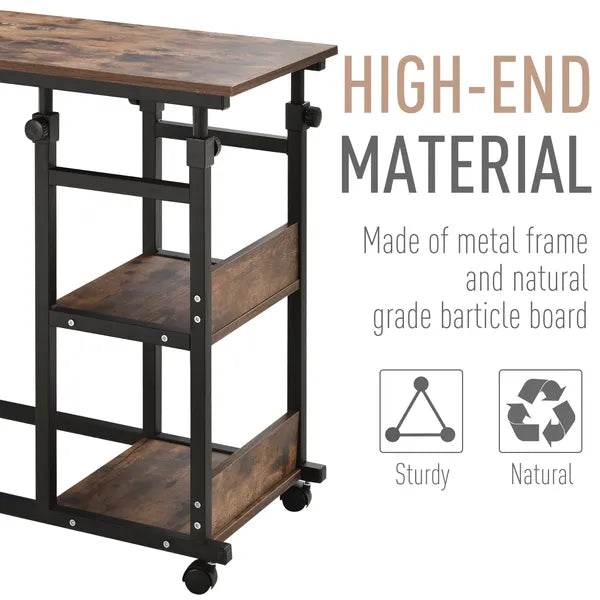 Aeelleea Adjustable Height C-Shaped Mobile Side Table, 80×40cm Rolling Sofa End Table with 3-Tier Storage Shelves & Wheels, Rustic Brown  >