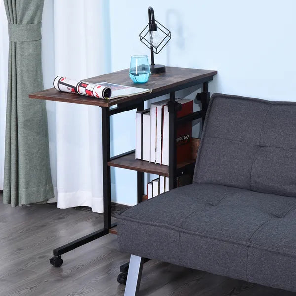 Aeelleea Adjustable Height C-Shaped Mobile Side Table, 80×40cm Rolling Sofa End Table with 3-Tier Storage Shelves & Wheels, Rustic Brown  >