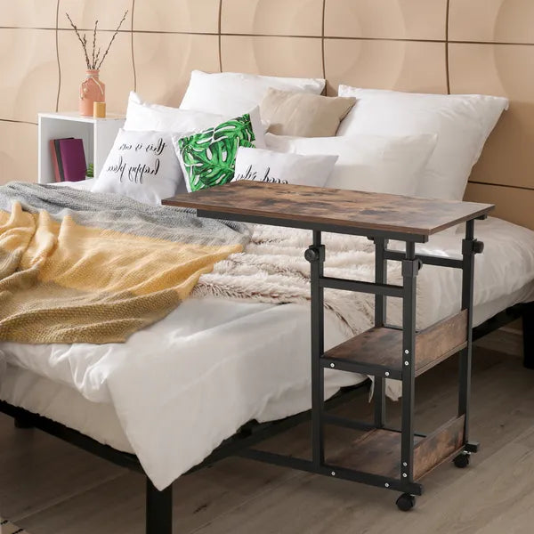 Aeelleea Adjustable Height C-Shaped Mobile Side Table, 80×40cm Rolling Sofa End Table with 3-Tier Storage Shelves & Wheels, Rustic Brown  >