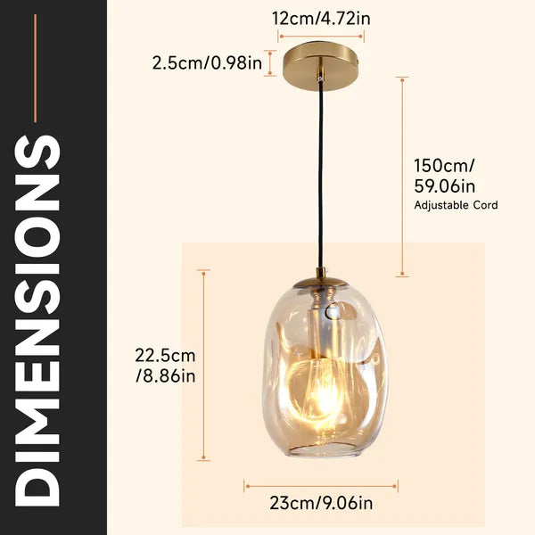 Irregular Hand-Blown Clear Glass Pendant Light, Brushed Gold E26 Base Hanging Light for Kitchen Island Dining Room