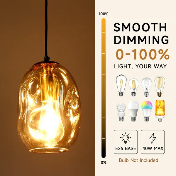 Irregular Hand-Blown Clear Glass Pendant Light, Brushed Gold E26 Base Hanging Light for Kitchen Island Dining Room