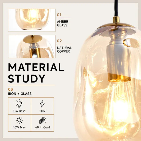 Irregular Hand-Blown Clear Glass Pendant Light, Brushed Gold E26 Base Hanging Light for Kitchen Island Dining Room
