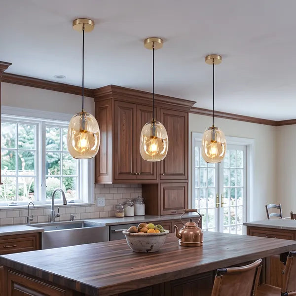 Irregular Hand-Blown Clear Glass Pendant Light, Brushed Gold E26 Base Hanging Light for Kitchen Island Dining Room
