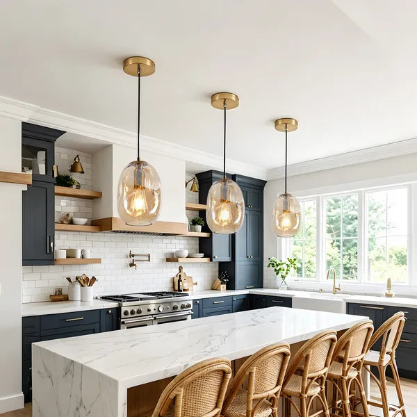 Irregular Hand-Blown Clear Glass Pendant Light, Brushed Gold E26 Base Hanging Light for Kitchen Island Dining Room