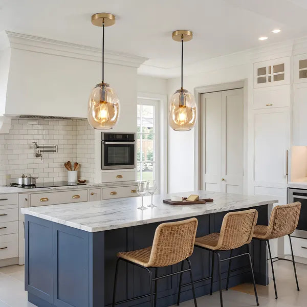 Irregular Hand-Blown Clear Glass Pendant Light, Brushed Gold E26 Base Hanging Light for Kitchen Island Dining Room