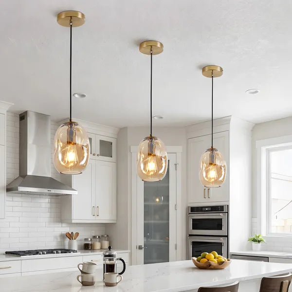 Irregular Hand-Blown Clear Glass Pendant Light, Brushed Gold E26 Base Hanging Light for Kitchen Island Dining Room
