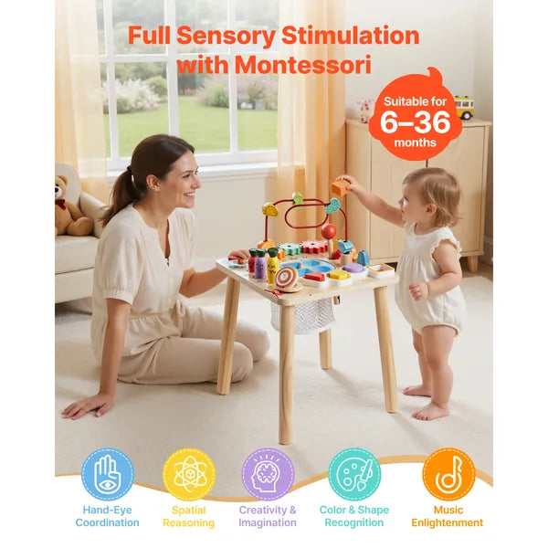 8‑in‑1 Wooden Baby Activity Table, Montessori Sensory Learning Play Table for 6‑36 Months Toddlers, Multi‑Play Educational Toy