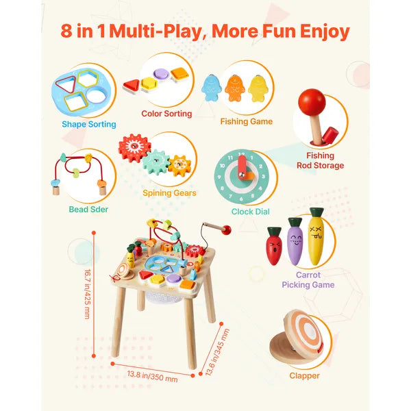 8‑in‑1 Wooden Baby Activity Table, Montessori Sensory Learning Play Table for 6‑36 Months Toddlers, Multi‑Play Educational Toy