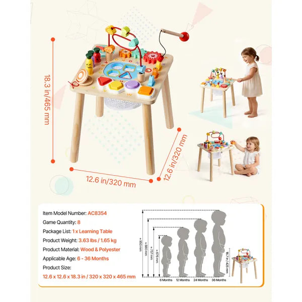 8‑in‑1 Wooden Baby Activity Table, Montessori Sensory Learning Play Table for 6‑36 Months Toddlers, Multi‑Play Educational Toy