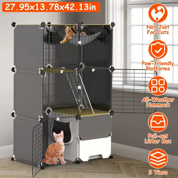 Aeelleea 3-Tier Cat Playpen Cage, Indoor Cat House with Litter Tray Scoop & Reversible Hammock for Kittens Ferrets Rabbits