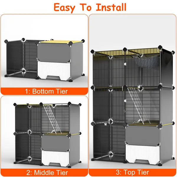 Aeelleea 3-Tier Cat Playpen Cage, Indoor Cat House with Litter Tray Scoop & Reversible Hammock for Kittens Ferrets Rabbits