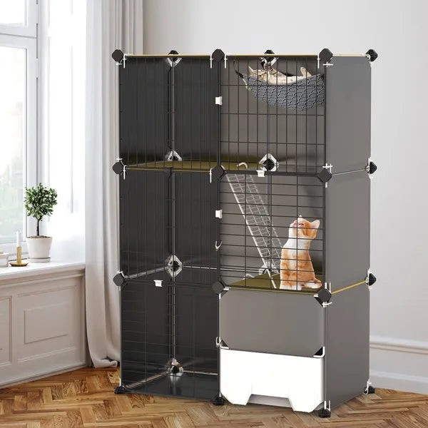 Aeelleea 3-Tier Cat Playpen Cage, Indoor Cat House with Litter Tray Scoop & Reversible Hammock for Kittens Ferrets Rabbits