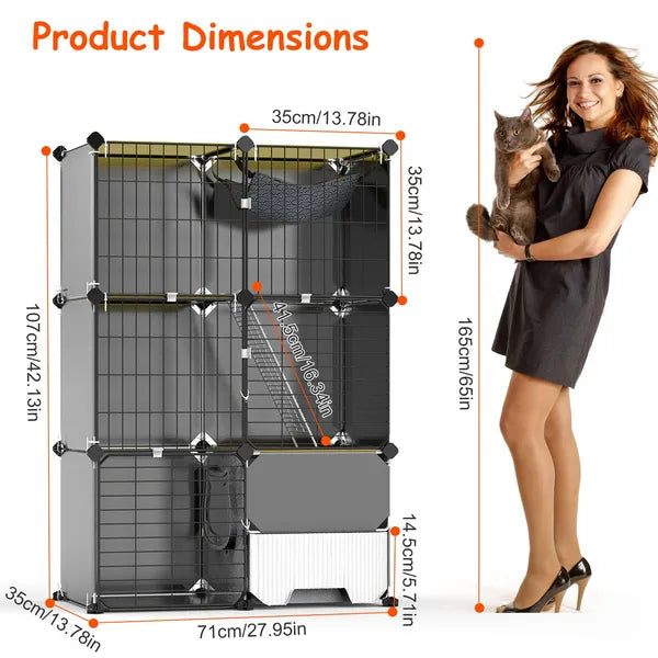 Aeelleea 3-Tier Cat Playpen Cage, Indoor Cat House with Litter Tray Scoop & Reversible Hammock for Kittens Ferrets Rabbits