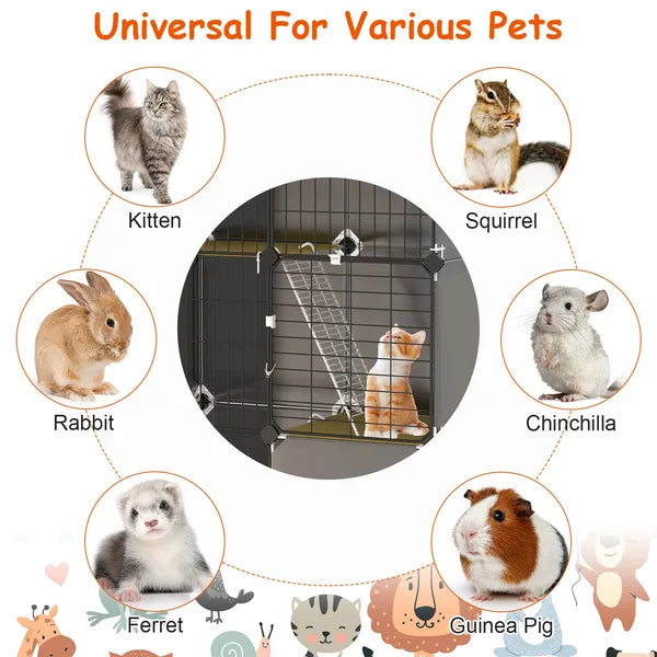 Aeelleea 3-Tier Cat Playpen Cage, Indoor Cat House with Litter Tray Scoop & Reversible Hammock for Kittens Ferrets Rabbits