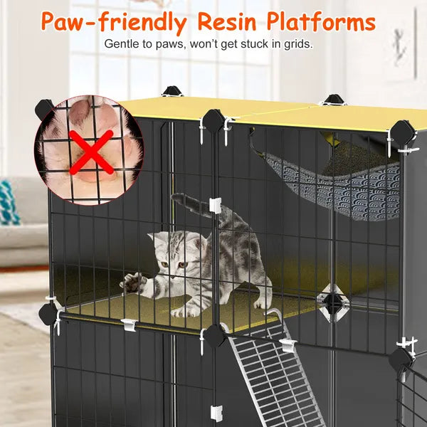 Aeelleea 3-Tier Cat Playpen Cage, Indoor Cat House with Litter Tray Scoop & Reversible Hammock for Kittens Ferrets Rabbits