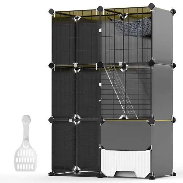 Aeelleea 3-Tier Cat Playpen Cage, Indoor Cat House with Litter Tray Scoop & Reversible Hammock for Kittens Ferrets Rabbits