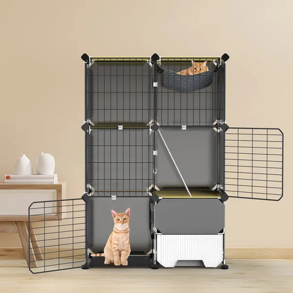 Aeelleea 3-Tier Cat Playpen Cage, Indoor Cat House with Litter Tray Scoop & Reversible Hammock for Kittens Ferrets Rabbits